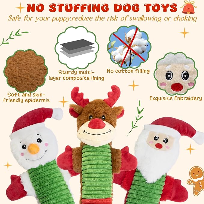 MeetYooo Christmas Squeaky Dog Toys- 3 Pack No-Stuffing Dog Chew Toys with Crinkle and Squeaker- Elk, Santa Claus, Snowman Chew Toys to Keep Them Busy, Tug of War Toys for Medium and Large Dogs