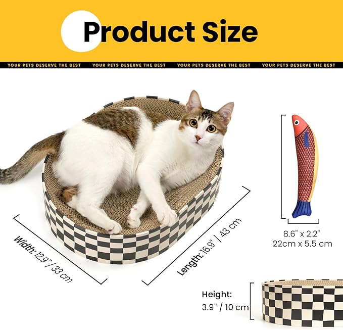Conlun Cat Scratcher Bed,2 in 1 Oval Cat Scratching Board for Indoor,Scratch Pad Corrugated Cardboard Lounge Bowl Nest Couch Sofas for Kitty Play&Rest,Holiday Birthday Gift with Kittens Toy Fish