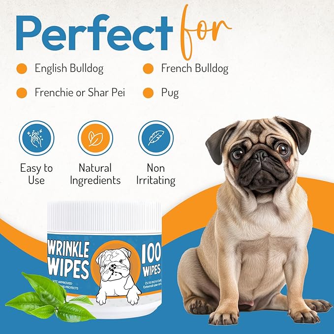 Wrinkle Wipes for Dogs - Soothe & Deodorize with Honeysuckle & Green Tea - Hypoallergenic Dog Wipes for Cleaning Faces, Paws & Butts - 200 Count Textured Wipes