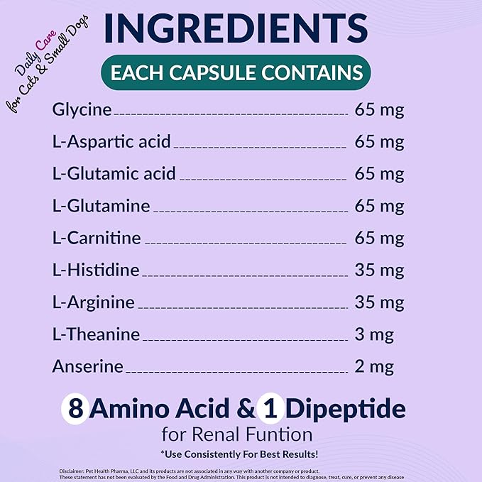 Aminodyl™ Kidney Support Supplement 400mg for Cats & Small Dogs - Supports Natural Kidney Function with Amino Vastly Promotes Health, Wellbeing & Vitality of Kidneys - 120 Sprinkle Capsules. U.S.A