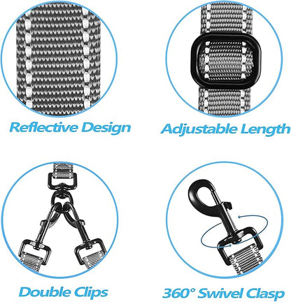 PetBonus Double Dog Leash, No Tangle Dual Leash, Reflective Walking Training Lead, 4 Comfortable Padded Handles for 2 Dogs with Collapsible Bowl and Waste Bags (Grey, Large)