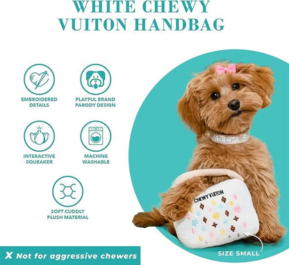 Haute Diggity Dog White Chewy Vuiton Handbag, Plush Designer Dog Toys with Interactive Squeaker, Stimulating Pet Enrichment, Machine-Washable & Safe Materials for All Breeds, Size Large