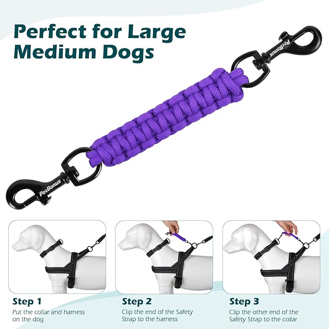PetBonus Dog Collar Safety Clip, Handmade Backup Safety Strap for Dog Harness, Prong, Pinch Collar, Double Ended Clasp Leash Connector (Purple)