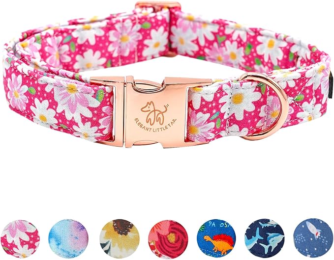 Elegant little tail Dog Collar, Pink Floral Pattern Pet Collar Durable Cute Dog Collars Summer Female Pet Gift Adjustable Dog Collar for X-Small Dogs