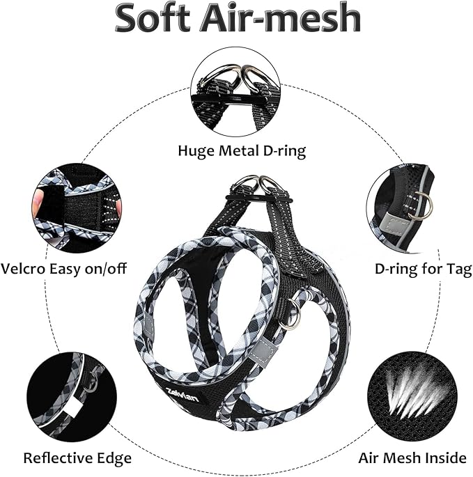 Zelvian Cat Harness and Leash Set for Walking, Escape Proof Adjustable Soft Mesh Kitten Harness with Reflective Strips, Breathable No-Choke Pet Vest for Medium Cats or Small Dogs(Black,M)