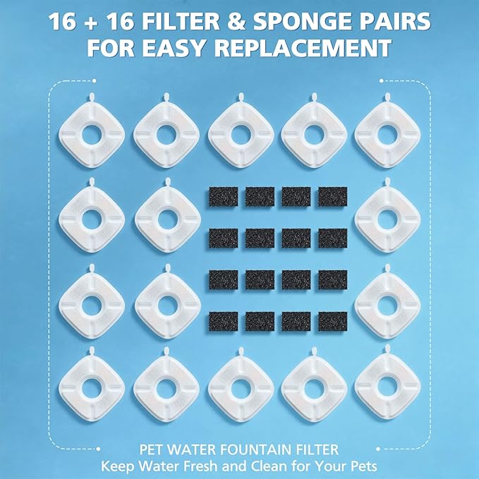 32 Pack Pet Fountain Filters for Veken 95oz/2.8L, 67oz, 85oz, 135oz Dog & Cat Water Fountains, Includes 16 Pcs Filter Replacements & 16 Pcs Pre-Filter Sponges