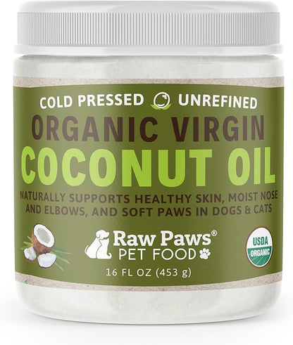 Raw Paws Virgin Organic Coconut Oil for Dogs & Cats, 16-oz - Treatment for Itchy Skin, Dry Nose, Paws - Hot Spot Lotion - Natural Hairball Remedy for Cats