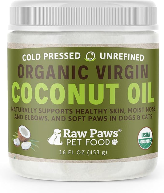 Raw Paws Virgin Organic Coconut Oil for Dogs & Cats, 16-oz - Treatment for Itchy Skin, Dry Nose, Paws - Hot Spot Lotion - Natural Hairball Remedy for Cats