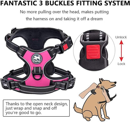 PoyPet Dog Harness and Leash Combo, Escape Proof No Pull Vest Harness, with 5 Feet Leash, Reflective Adjustable Soft Padded Pet Harness with Handle for Small to Large Dogs(Pink,XL)