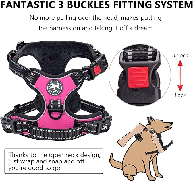 PoyPet Dog Harness and Leash Combo, Escape Proof No Pull Vest Harness, with 5 Feet Leash, Reflective Adjustable Soft Padded Pet Harness with Handle for Small to Large Dogs(Pink,S)