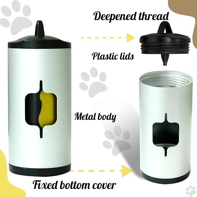 Metal Dog Poop Bag Holder 2-Pack w/Leash Clip|Durable Scratch-Resistant Aluminum|30 Bags+6 Accessories（Silver）