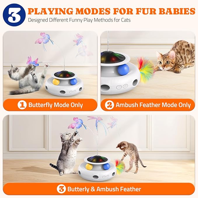 Interactive Cat Toys 3 in 1 Automatic Cat Toy for Indoor Cats, Electric Kitten Toy with USB Rechargeable, Self Play Kitty Toys with Spinner Fluttering Butterfly, Track Ball and 2 Ambush Feathers