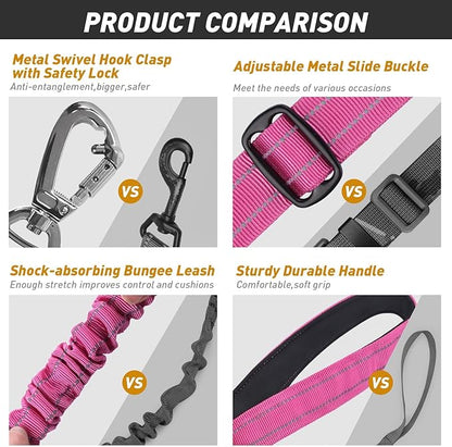 AUBELL Tactical Dog Leash Heavy Duty,4-6ft Reflective Strong No Pull Bungee Leash for Medium Large Dogs with Comfortable Padded Double Handle,Car Seat Belt,360 Degree Rotating Carabiner,Pink