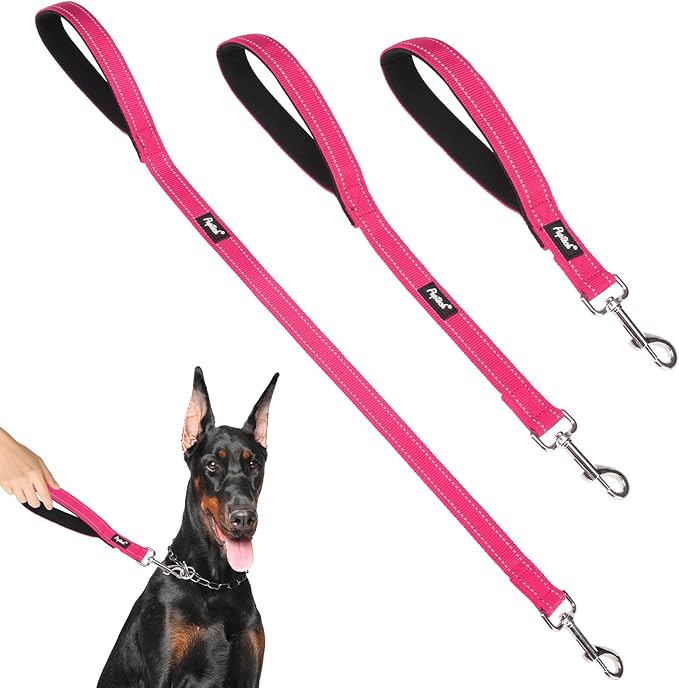 PUPTECK Reflective Short Dog Leashes - 3 Packs 2.5ft/ 1.5ft/ 1ft Nylon Leash with Strong Clip, Soft Padded Handle, Durable Training Leash for Large Small Medium Dogs Walking Outside, Fuchsia