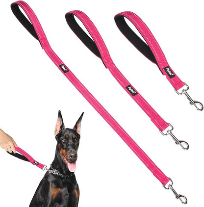 PUPTECK Reflective Short Dog Leashes - 3 Packs 2.5ft/ 1.5ft/ 1ft Nylon Leash with Strong Clip, Soft Padded Handle, Durable Training Leash for Large Small Medium Dogs Walking Outside, Fuchsia