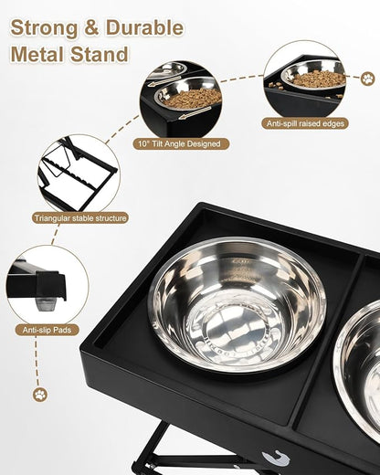 Taglory Metal Elevated Dog Bowls Stand for Large Breeds, 9 Height-Adjustable Raised Dog Bowl with 2 Stainless Steel Bowls(6 Cup), Anti-Slip Pads, 9" to 17.5", Black