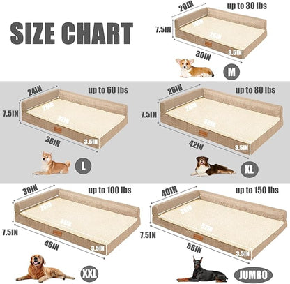 Patas Lague Orthopedic XL Dog Bed Large Sized Dog 42''X28'', Waterproof L Bolster Big Large Pet Sofa Beds with Removable Washable Cover, Soft Comfortable Pet Couch Crate Mat with Nonskid Bottom, Cream