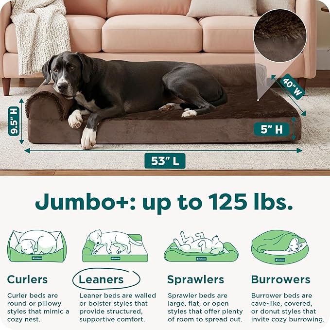 Furhaven Orthopedic Dog Bed for Large Dogs w/ Removable Bolsters & Washable Cover, For Dogs Up to 125 lbs - Plush & Velvet L Shaped Chaise - Sable Brown, Jumbo Plus/XXL