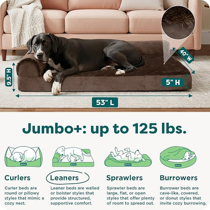 Furhaven Orthopedic Dog Bed for Large Dogs w/ Removable Bolsters & Washable Cover, For Dogs Up to 125 lbs - Plush & Velvet L Shaped Chaise - Sable Brown, Jumbo Plus/XXL