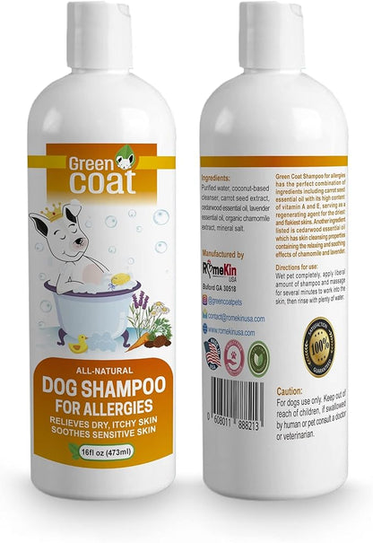 Green Coat All-Natural Dog Shampoo for Sensitive Skin | Natural and Organic Ingredients | Skin Cleansing Properties, Relieves Dry Itchy Skin | 16fl oz 473 ml.