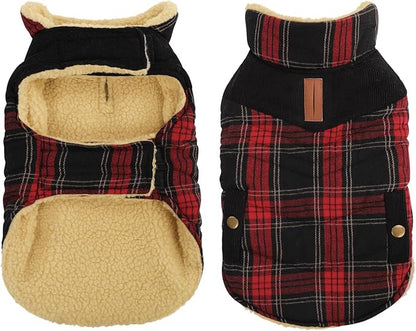 Queenmore Dog Winter Coat Warm Dog Jacket for Cold Weather, Quilting Puffer Plaid Coats for Small/Medium Dogs Waterproof,Girl/Boy Pet Christmas Coat,Pet Snowsuit with Leash Hole/Fleece Padding, S