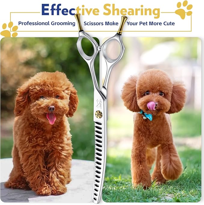 JASON Dog Scissors for Grooming - 7" Up-curved Chunker Shears with 65%-70% Thinning Rate, Professional Japanese 440C Stainless Steel Dog Grooming Chunkers with Adjustable Screw (18 Teeth, Silver) Gift