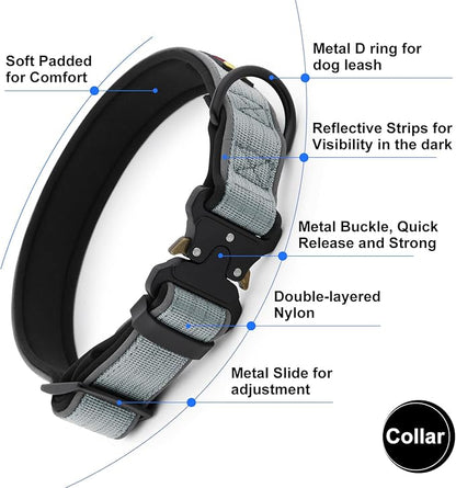 Plutus Pet Tactical Dog Collar, Reflective, Adjustable Heavy Duty Dog Collar, Soft Padded and Comfortable, for Small Medium and Large Dogs (Gray, L)