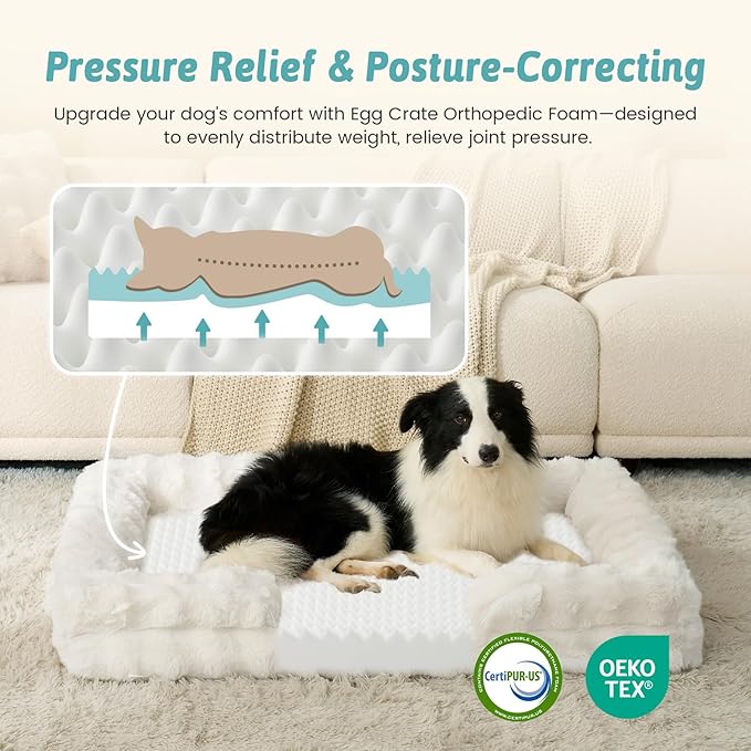 COZY KISS Orthopedic Dog Bed for Medium Small Size Dog, Soft and Warm Faux Fur Sofa for Pet Up to 40 lbs, Foam Bolster Anti-Slip Couch with Washable Removable Cover, M 30x20x6.5 inch, Beige