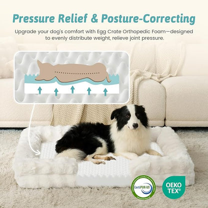 COZY KISS Orthopedic Dog Bed for Medium Small Size Dog, Soft and Warm Faux Fur Sofa for Pet Up to 40 lbs, Foam Bolster Anti-Slip Couch with Washable Removable Cover, M 30x20x6.5 inch, Beige