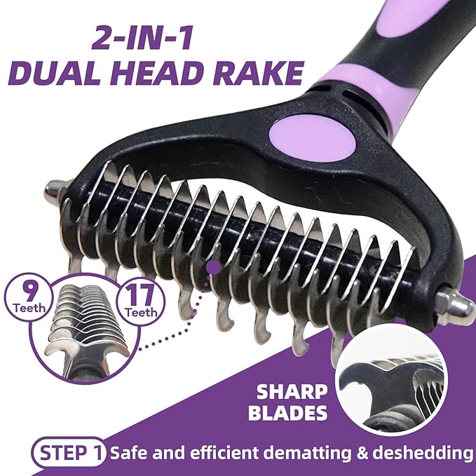 KUEIOX Dog Brush for Shedding, 7 PCS Dog Grooming Brush Kit Including Undercoat Rake, Slicker Brush, Dematting Comb, Nail Clipper, Bath Brush for Long & Short Haired Dogs, Cats - Purple