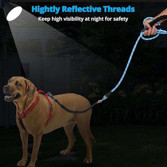 Long Dog Leash 30 FT: Heavy Duty Rope Leashes for Dogs Training with Swivel Lockable Hook Reflective Threads Bungee and Padded Handle - Dog Lead for Large Small Medium Dogs Outside Walking Hiking Blue