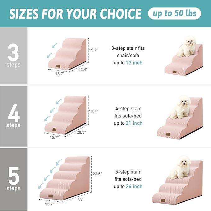 Dog Stairs for Small Dogs 15.7" H, Curved Dog Step for Puppy, Older Cat, Medium Pet Ramp for Sofa, Couch or Chair, Ladder with High Density Foam, 3 Step, 15.7x22.4x15.7 inch, Pink