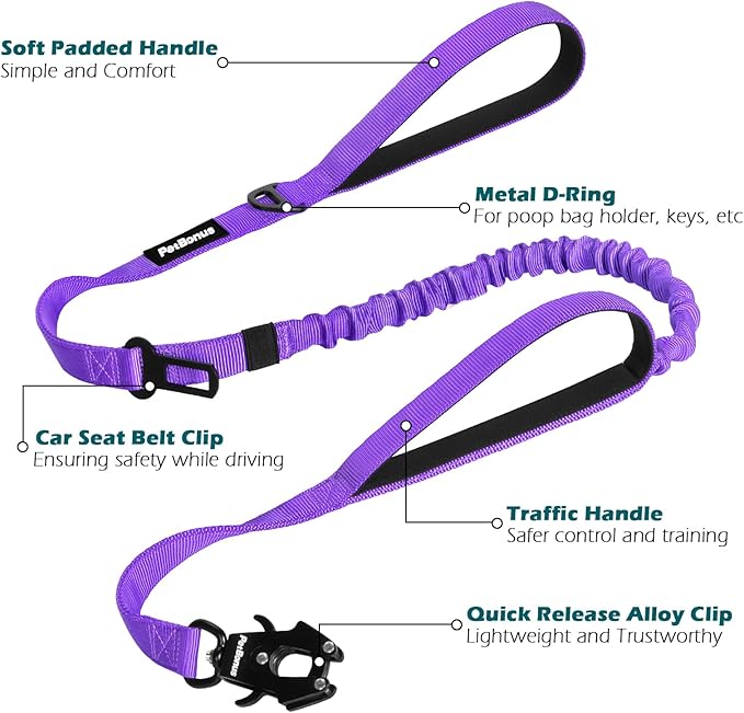 PetBonus Heavy Duty Tactical Dog Leash, 5 FT Bungee Shock Absorption Leash with 2 Padded Handles, Quick Release Metal Clip, Car Seatbelt, No Pull Training Lead for Large Medium Dogs（Purple）