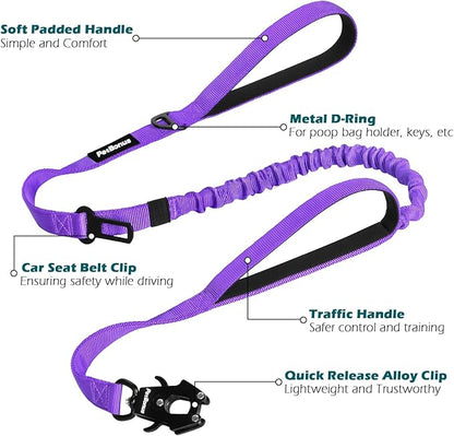 PetBonus Heavy Duty Tactical Dog Leash, 5 FT Bungee Shock Absorption Leash with 2 Padded Handles, Quick Release Metal Clip, Car Seatbelt, No Pull Training Lead for Large Medium Dogs（Purple）