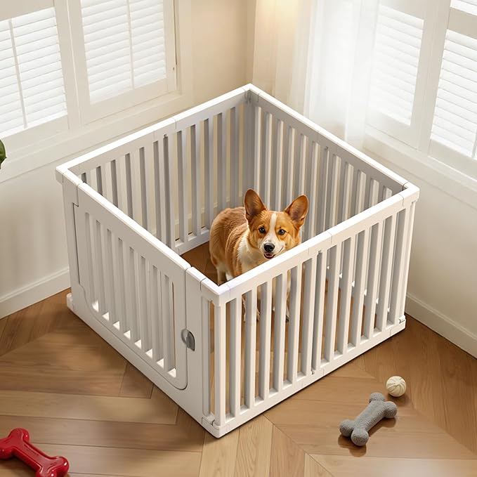 Jatindear 23.6“ H Plastic Dog Playpen, 7 Panels Expandable & Durable Pet Fence - Indoor & Outdoor Portable with Secure Locking Door, Durable Safety Play Pen with Puppy, Cat, Small Animal(White)