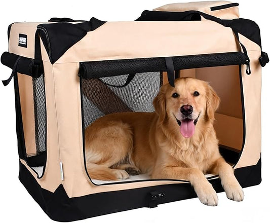 JESPET Soft Dog Crates Kennel for Pets, 3 Door Soft Sided Folding Travel Pet Carrier with Straps and Fleece Mat for Dogs, Cats (Camel, X-Large(36" L x 24" W x 27" H))