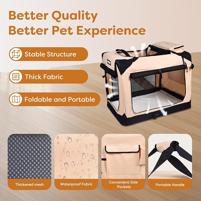 JESPET Soft Dog Crates Kennel for Pets, 3 Door Soft Sided Folding Travel Pet Carrier with Straps and Fleece Mat for Dogs, Cats (Camel, X-Large(36" L x 24" W x 27" H))