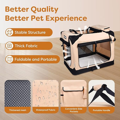 JESPET Soft Dog Crates Kennel for Pets, 3 Door Soft Sided Folding Travel Pet Carrier with Straps and Fleece Mat for Dogs, Cats (Camel, X-Large(36" L x 24" W x 27" H))
