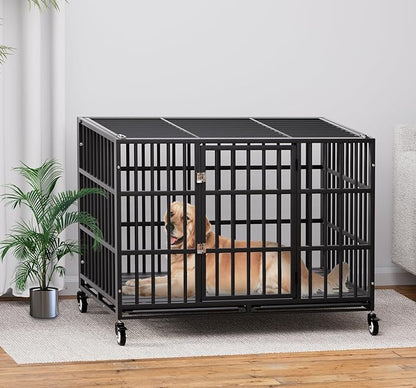 HMHTCT 48 Inch Heavy Duty Dog Crate with Wheels,Indestructible Escape-Proof Dog Kennel with Locking Latch and Double Door,Extra Large XL XXL Crate Indoor for Large and Medium Dog with Removable Tray