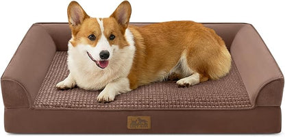 COZY KISS Orthopedic Dog Bed for Large Medium Size Dog, L Pet Sofa for Dog Cat, Big Supportive Foam Bolster U Shaped Couch with Waterproof Lining Cover, Anti-Slip, Washable, 36x27x7.5 inch, Brwon