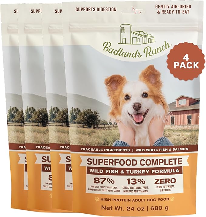 BADLANDS RANCH by Katherine Heigl – Superfood Complete Air-Dried Fish & Turkey Dog Food – High Protein with Superfoods for Daily Wellness & Consistent Nutrition – 24 oz (Pack of 4)