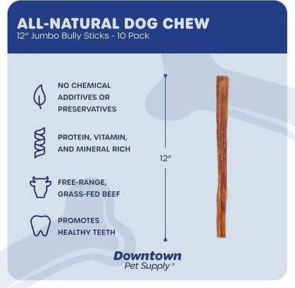 Downtown Pet Supply Jumbo Bully Sticks for Dogs - Natural Beef Chews, Low-Odor & Rawhide-Free, Long Lasting Dog Treats for Aggressive Chewers - Healthy, Safe & Delicious Chews Dogs Love (12" 10 Pack)