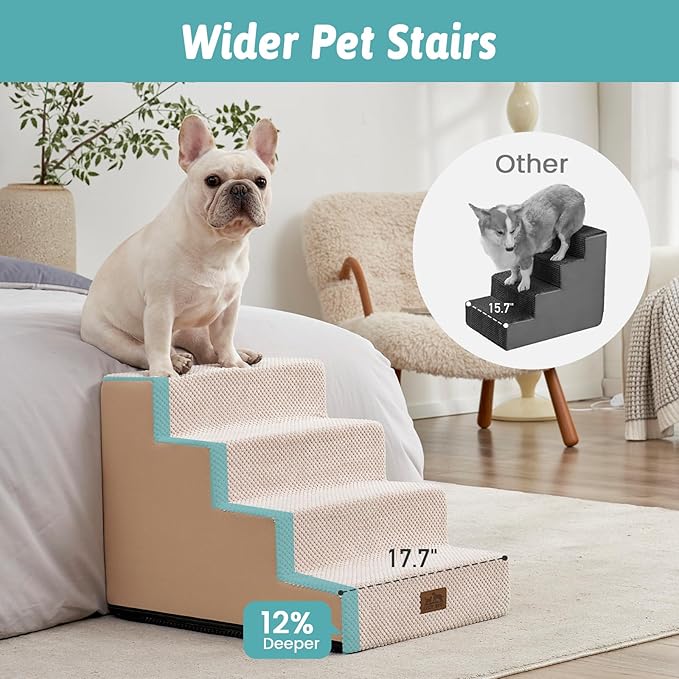 COZY KISS Dog Stairs for Small Dogs, 4 Tier Wider Pet Stairs for Couch and Beds, 17.7" H Non-Slip Dog Steps for Old Cats, Puppy, Small Medium Dogs, 17.7x23.6x17.7 inch, Beige