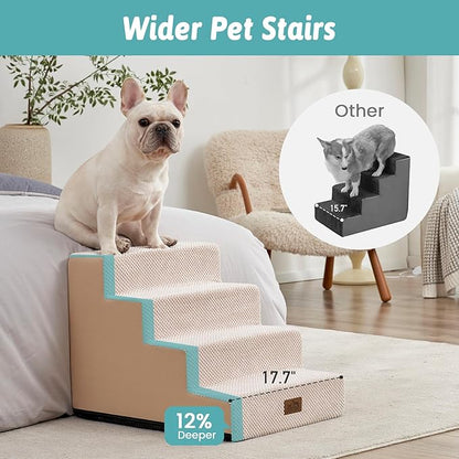 COZY KISS Dog Stairs for Small Dogs, 4 Tier Wider Pet Stairs for Couch and Beds, 17.7" H Non-Slip Dog Steps for Old Cats, Puppy, Small Medium Dogs, 17.7x23.6x17.7 inch, Beige