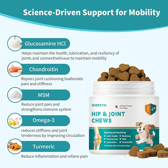Glucosamine for Dogs Hip and Joint Supplement for Dogs Chews with Glucosamine Chondroitin Omega 3 MSM and Turmeric for Pain Relief, Mobility & Hip Care- Chicken Flavor, 90 Ct