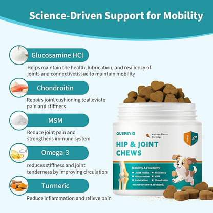 Glucosamine for Dogs Hip and Joint Supplement for Dogs Chews with Glucosamine Chondroitin Omega 3 MSM and Turmeric for Pain Relief, Mobility & Hip Care- Chicken Flavor, 90 Ct
