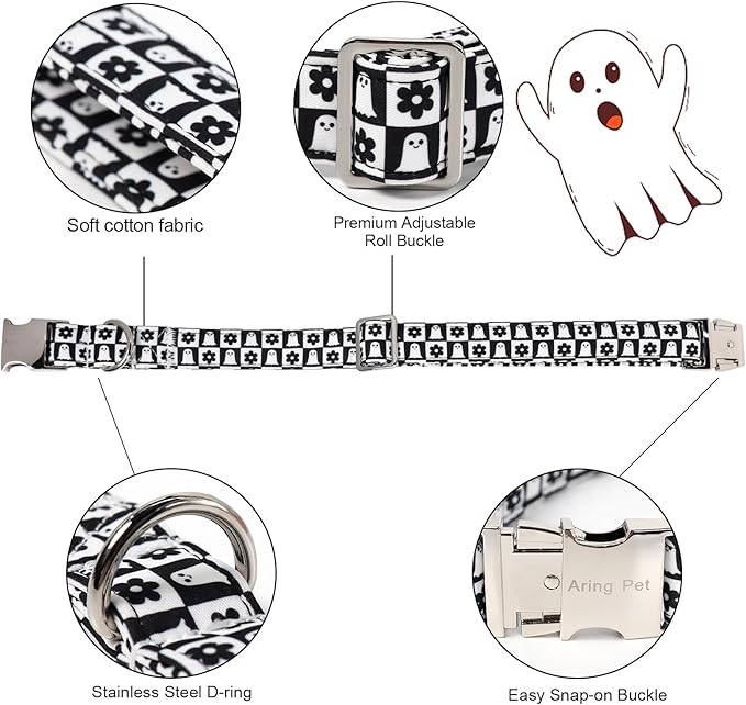 ARING PET Halloween Dog Collar with Bow, Black White Plaid Ghost Floral Cute Pet Collars with Quick Release Buckle for Puppy Small Medium Large Girl Boy Dogs-M