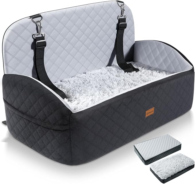 Gimars Reversible Dog Car Seat with Long & Short Plush Seat Cushion for Small/Medium Dogs Up to 60lbs, Detachable Washable Anti-Slip Dog Booster Seat with 5.1'' 28D Egg-Crate Foam, Safety Belt, L