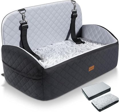 Gimars Reversible Dog Car Seat with Long & Short Plush Seat Cushion for Small/Medium Dogs Up to 60lbs, Detachable Washable Anti-Slip Dog Booster Seat with 5.1'' 28D Egg-Crate Foam, Safety Belt, L