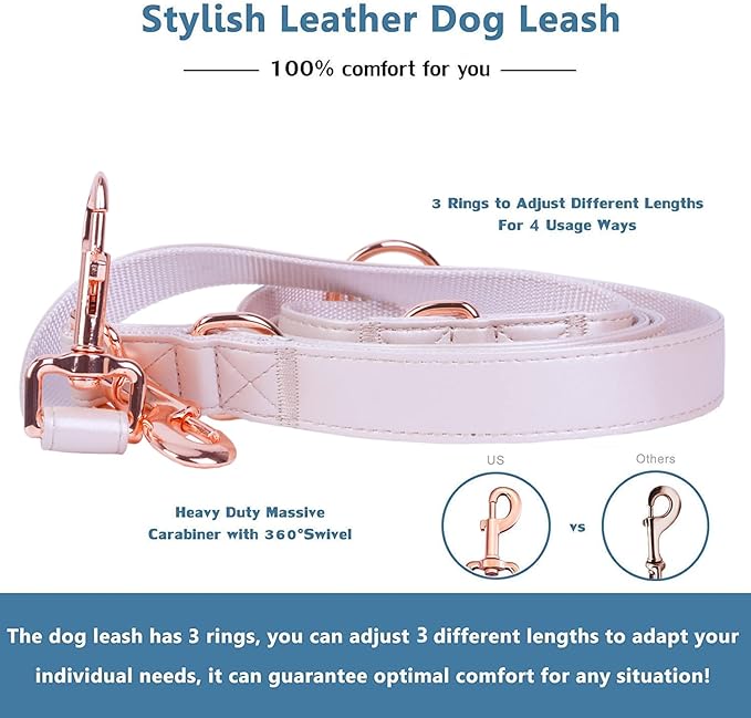 Soft Leather Dog Collar and Leash (6.6') Set - Stylish Rose Gold Heavy Duty Metal Buckle, 4 Adjustable Lengths Leash for Small Medium Large Dogs - Comfortable & Easy to Clean XS(8"-12"), Gold Pink